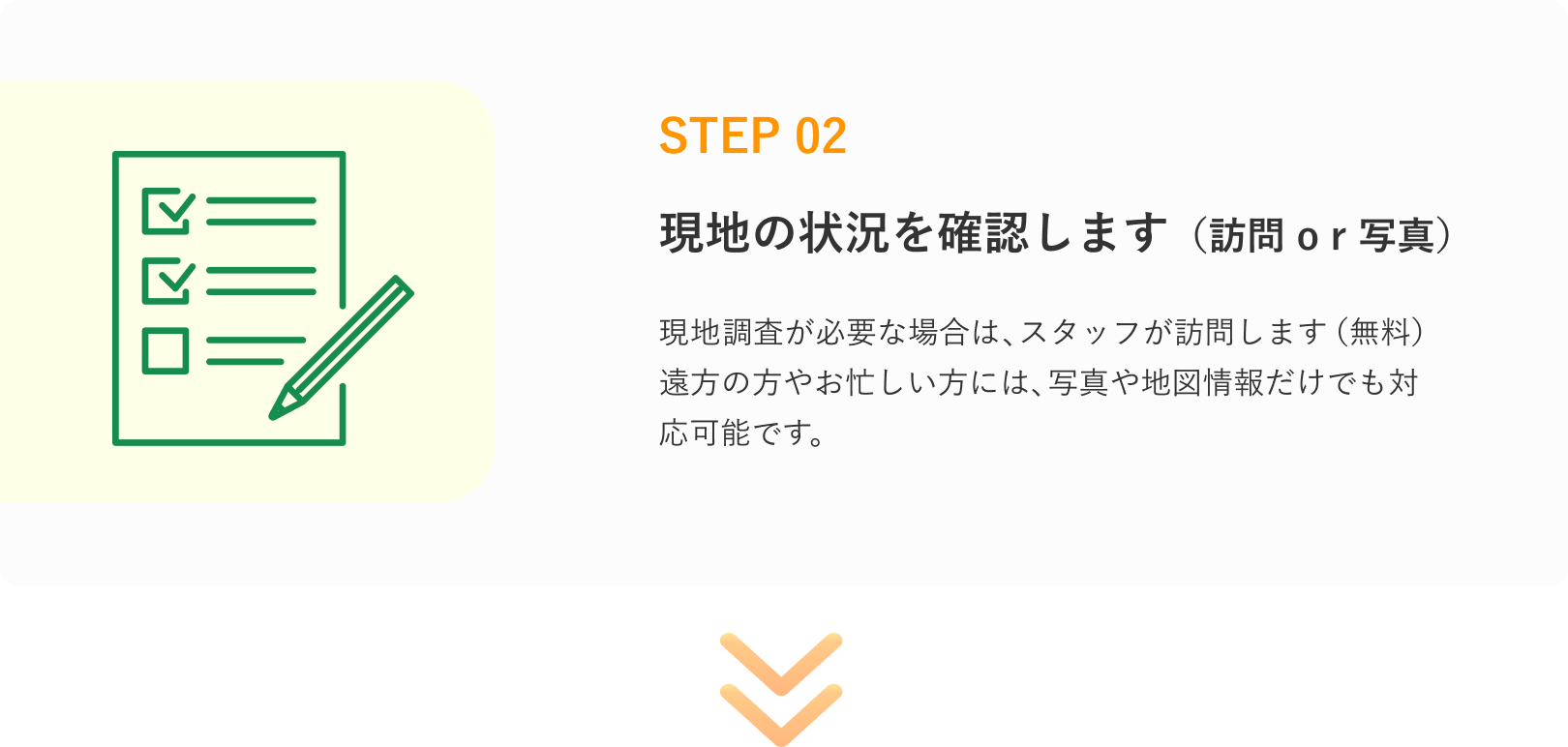 STEP 02
現地の状況を確認します(訪問or写真)
現地調査が必要な場合は、スタッフが訪問します(無料)
遠方の方やお忙しい方には、写真や地図情報だけでも対応可能です。