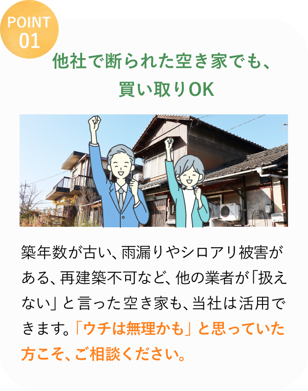 POINT 01
他社で断られた空き家でも、
買い取りOK
築年数が古い、雨漏りやシロアリ被害がある、再建築不可など、他の業者が「扱えない」と言った空き家も、当社は活用できます。
「ウチは無理かも」と思っていた方こそ、ご相談ください。
